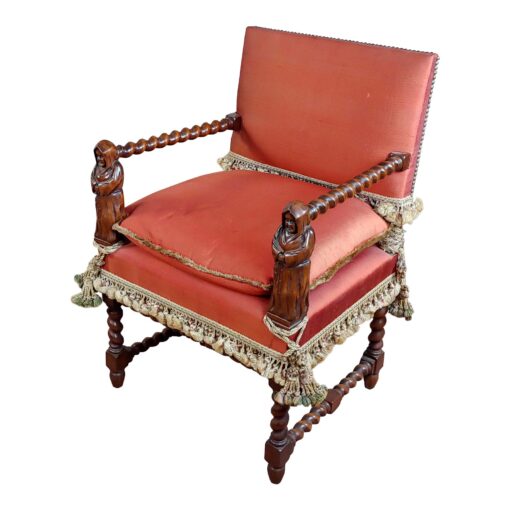 19th Century Baroque Red Upholstered Walnut Hall Chair - Image 2