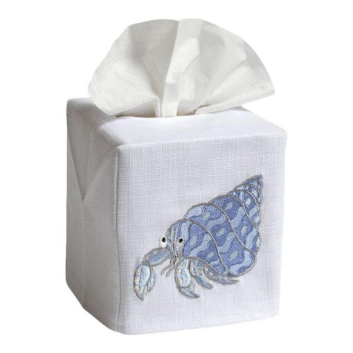 Blue Hermit Crab Tissue Box Cover in White Linen & Cotton, Embroidered - Image 2