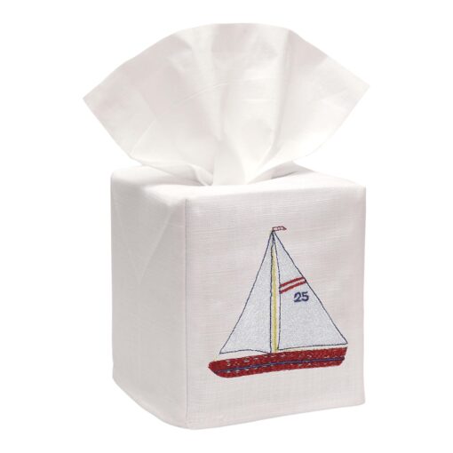 Red Sailboat Tissue Box Cover White Linen & Cotton, Embroidered - Image 2