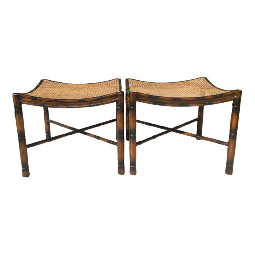 Regency Style Faux Bamboo Caned & Curved Ottoman Stools - a Pair