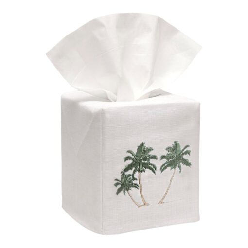 Three Palm Trees Tissue Box Cover in White Linen & Cotton, Embroidered - Image 2