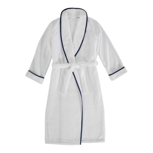 Turkish Plush Bathrobe with Piping in Small/Medium in White/Navy - Image 2